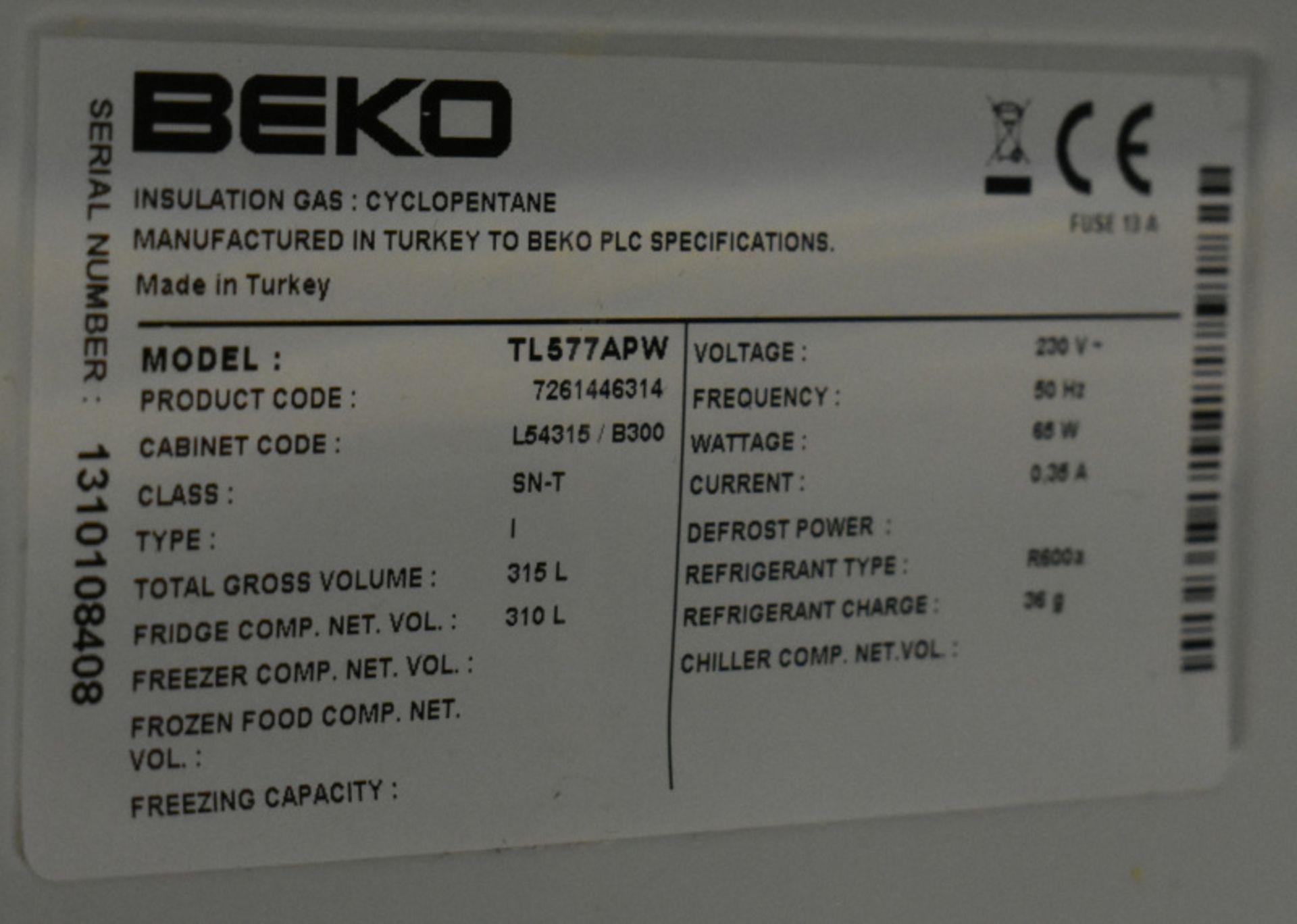 Beko TL577APW A+ Class Fridge Tall - L 580mm x W 580mm x H 1780mm - Image 4 of 4
