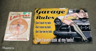 Metal Wall Sign 400mm x 300mm - Fluff & Fold laundry service, 700mm x 500mm tin sign - Garage rules