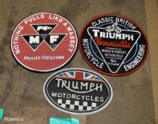 3x Cast signs - 2x Triumph, Massey Ferguson