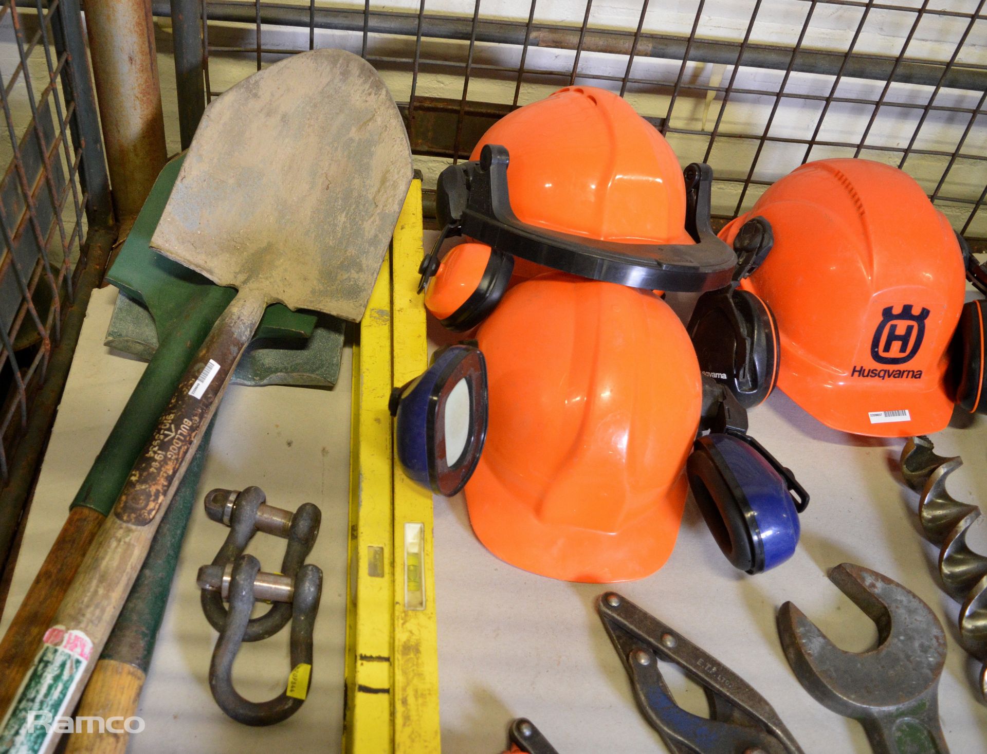 Large Hand Tools - Hand Auger, Shovel, Post Hammer, Helmets, 2 1/4 Inch Spanner, 3x Bow Shackles, Bu - Image 2 of 5