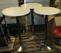 3x Tall Round White Table Top & Chrome Base - W 600mm x H 1100mm