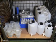 Various Laboratory Equipment - Containers, Jugs, Steel Sieves