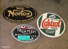 3x Cast signs - Triumph, Norton, Castrol