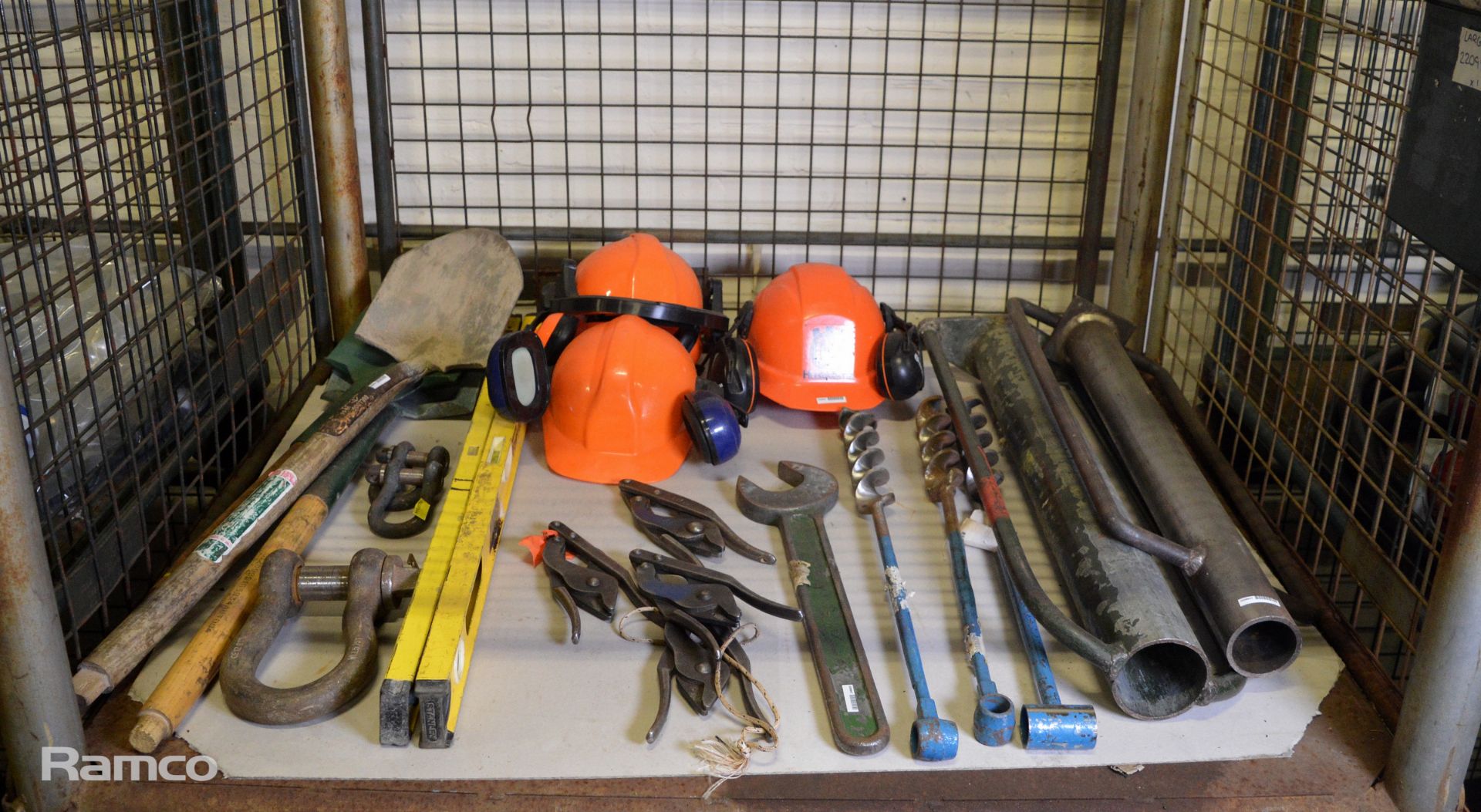 Large Hand Tools - Hand Auger, Shovel, Post Hammer, Helmets, 2 1/4 Inch Spanner, 3x Bow Shackles, Bu