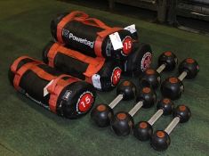 Gym Equipment - Halo Dumbbells, 3x 15kg Powerbags, 1x 25kg Powerbag