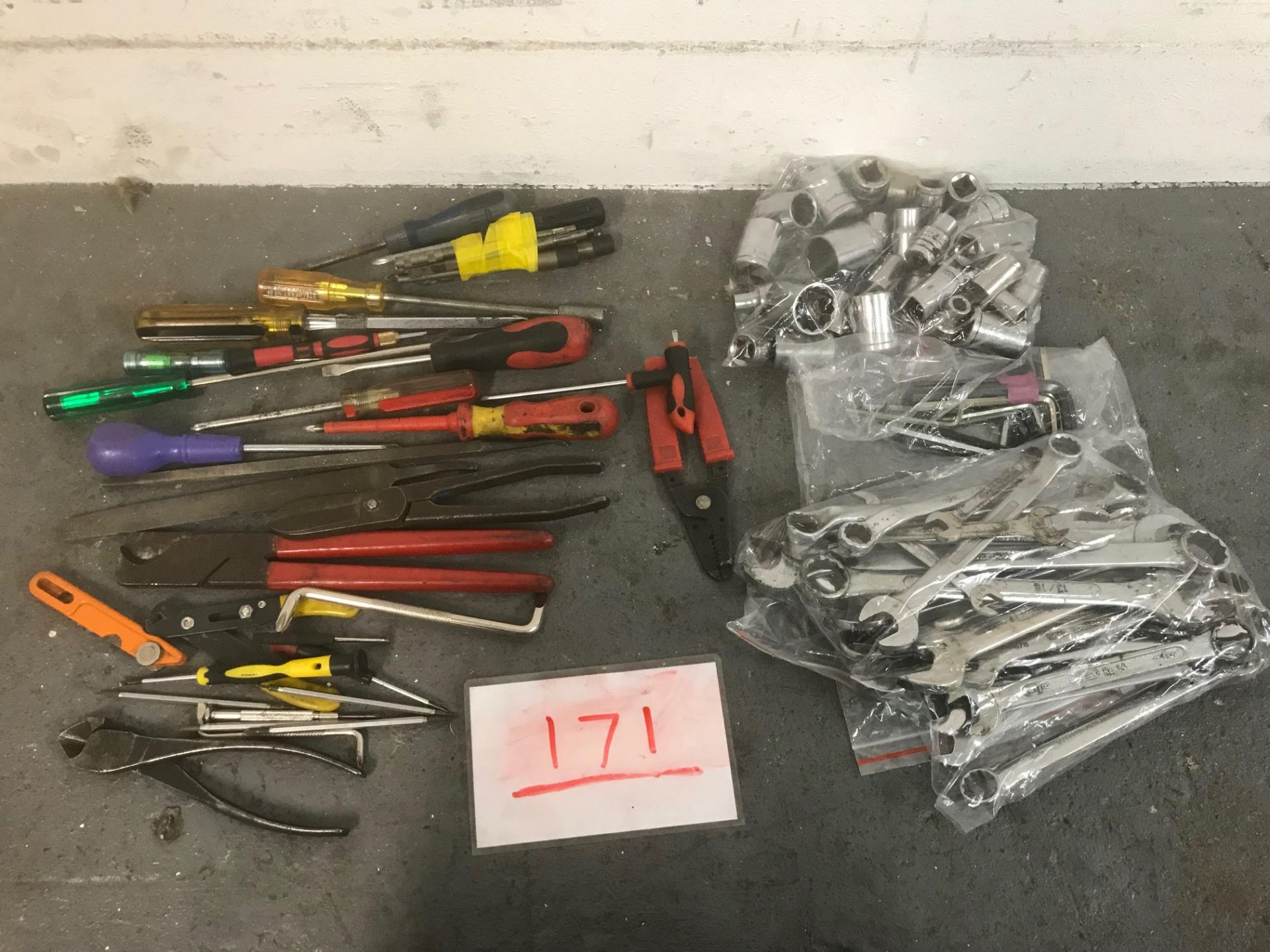 Mixed tools - screwdrivers, snips, files, spanners, sockets, allen keys