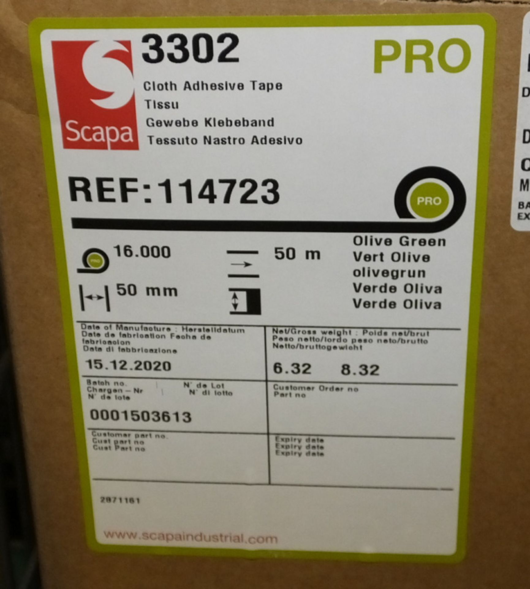 Scapa 3302 PRO Olive Green - 50mm x 50M - 16 rolls per box - 2 boxes - Image 3 of 3