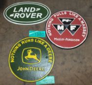 3x Cast signs - John Deere, Massey Ferguson, Land Rover