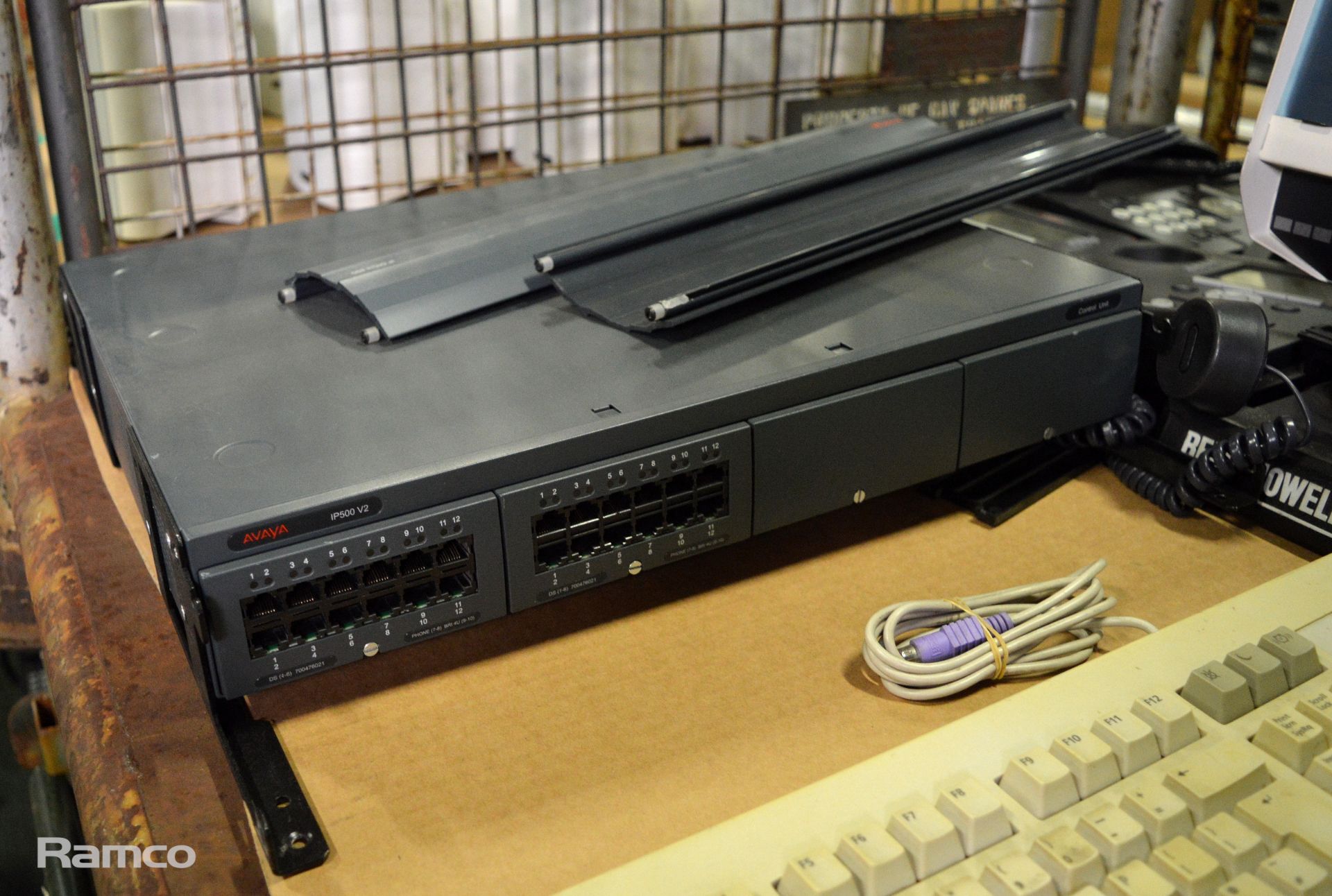 Bell & Howell microfiche reader, 2x Fax machines, desk phones, Avaya IP500 V2 network hub - Image 2 of 7