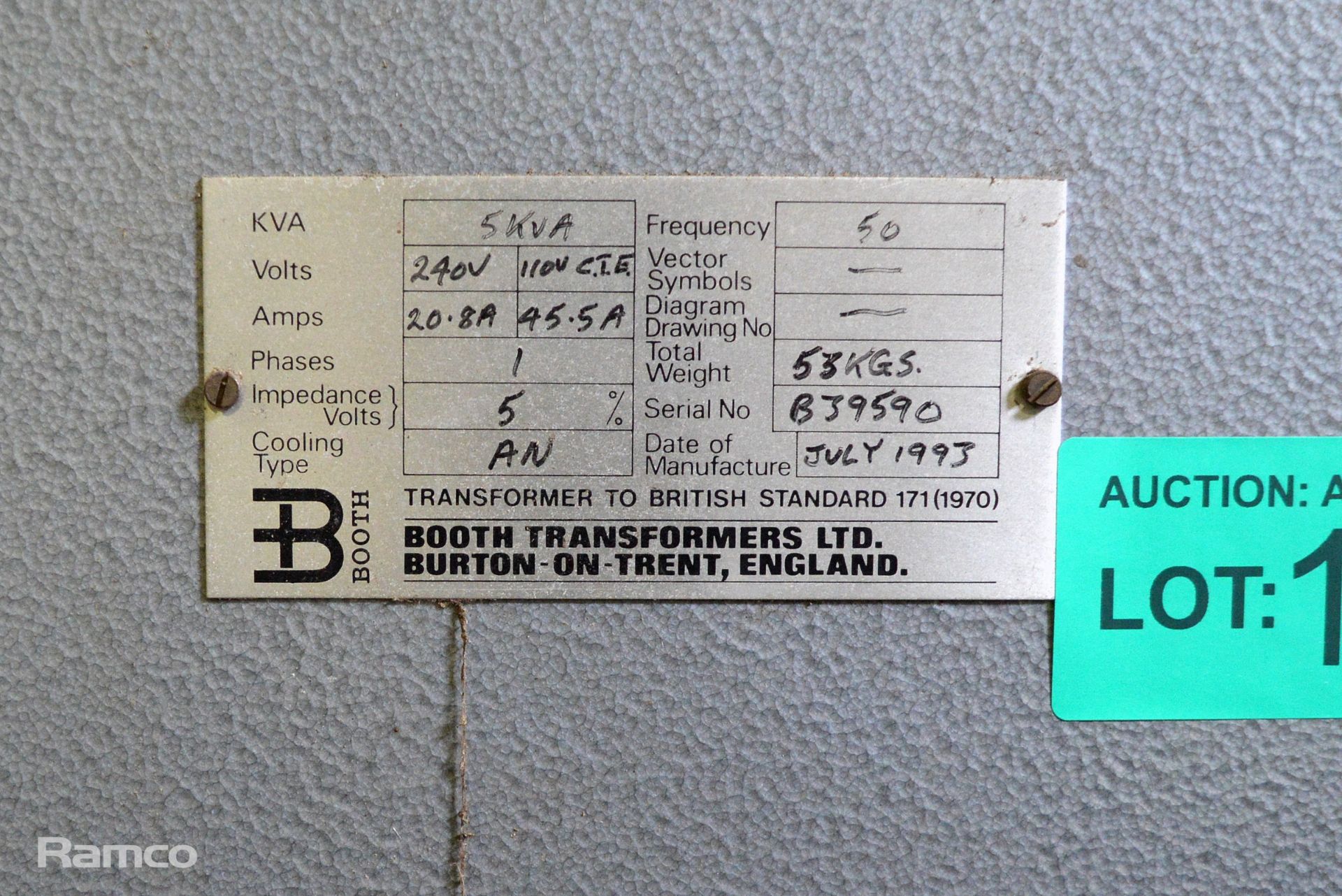 Booth Transformers Ltd 5KVA - 240V - 110V CTE - 20.8A - 45.5A - Image 3 of 3