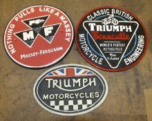 3x Cast signs - 2x Triumph, Massey Ferguson