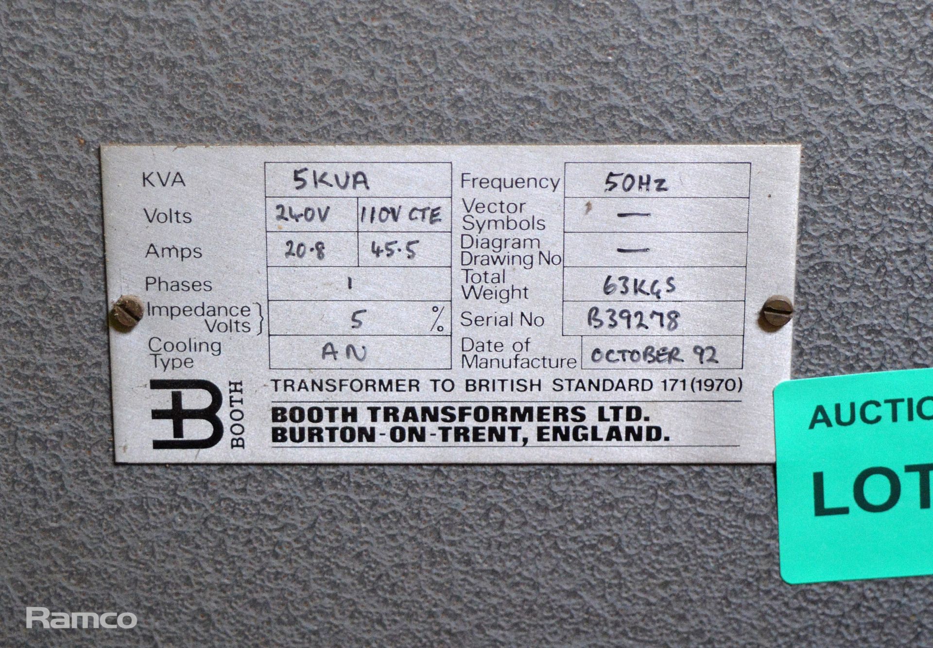 Booth Transformers Ltd 5KVA - 240V - 110V CTE - 20.8A - 45.5A - Image 2 of 3