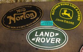3x Cast signs - Land Rover, John Deere, Norton