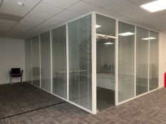 9.85 linear metres x 2.58m full height single glazed white composite office partitioning system