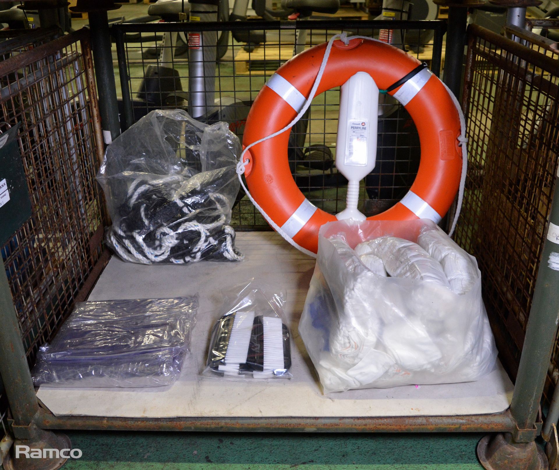 Various domestic - rescue buoy, gloves, fibre netting, brushes