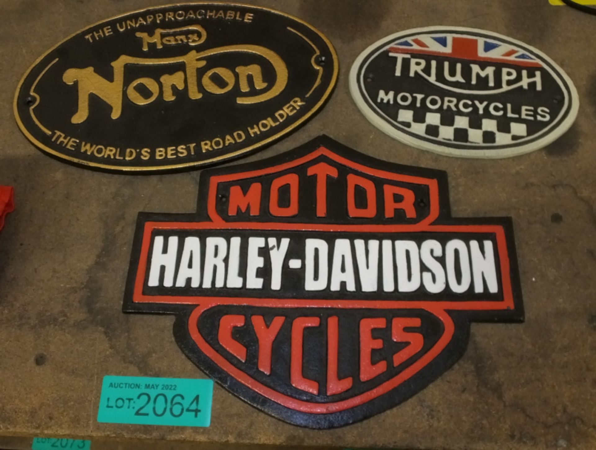 3x Cast signs - Triumph, Harley Davidson, Norton