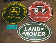 3x Cast signs - Land Rover, John Deere, Norton