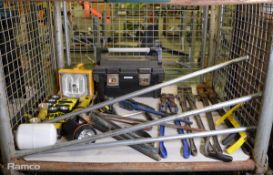 Various large tools, bolt cutter, tool box, torches
