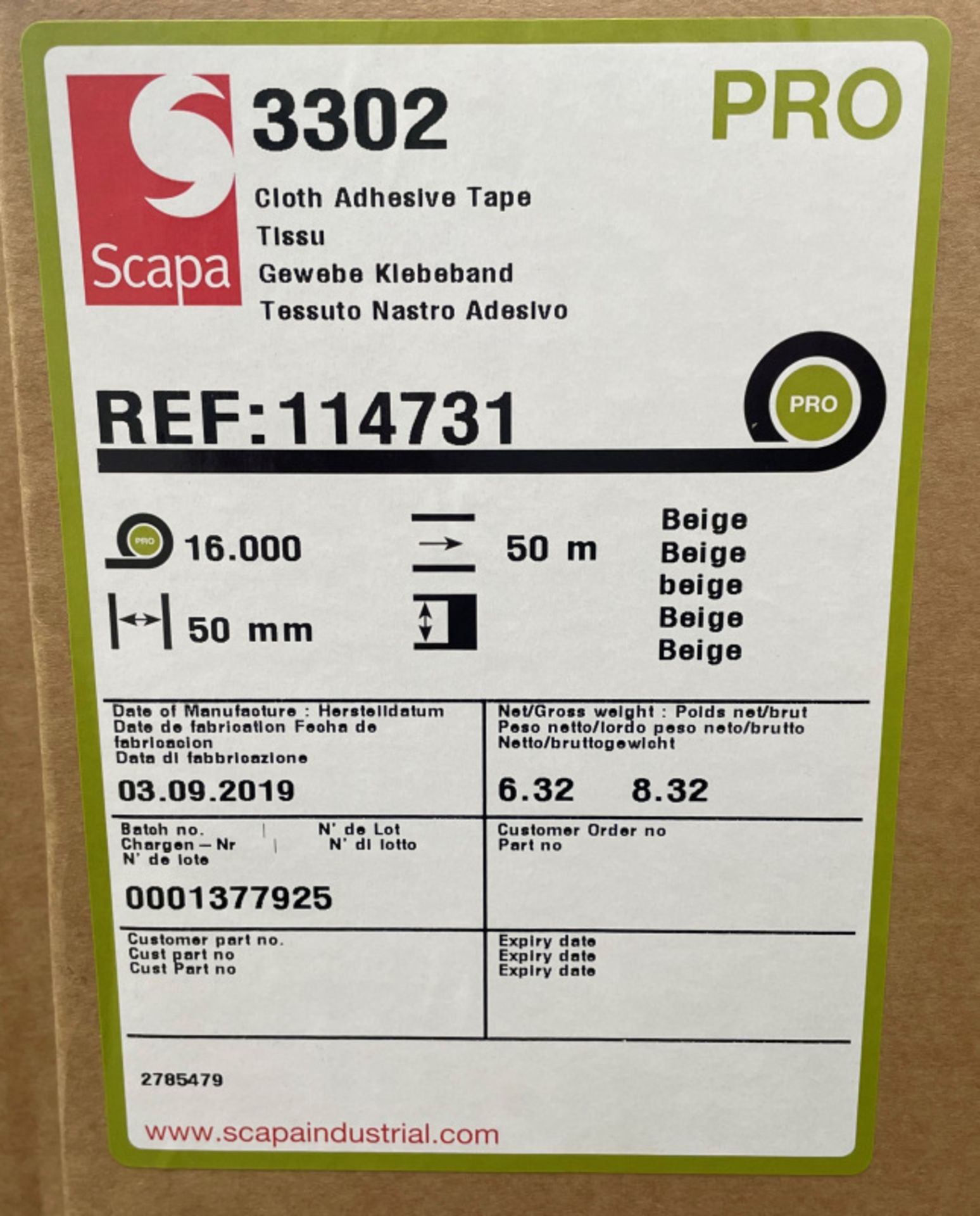 Scapa 3302 Pro Tape - Buff Tan/Beige - 50mm x 50M rolls - 16 rolls per box - 33 boxes - Image 4 of 5