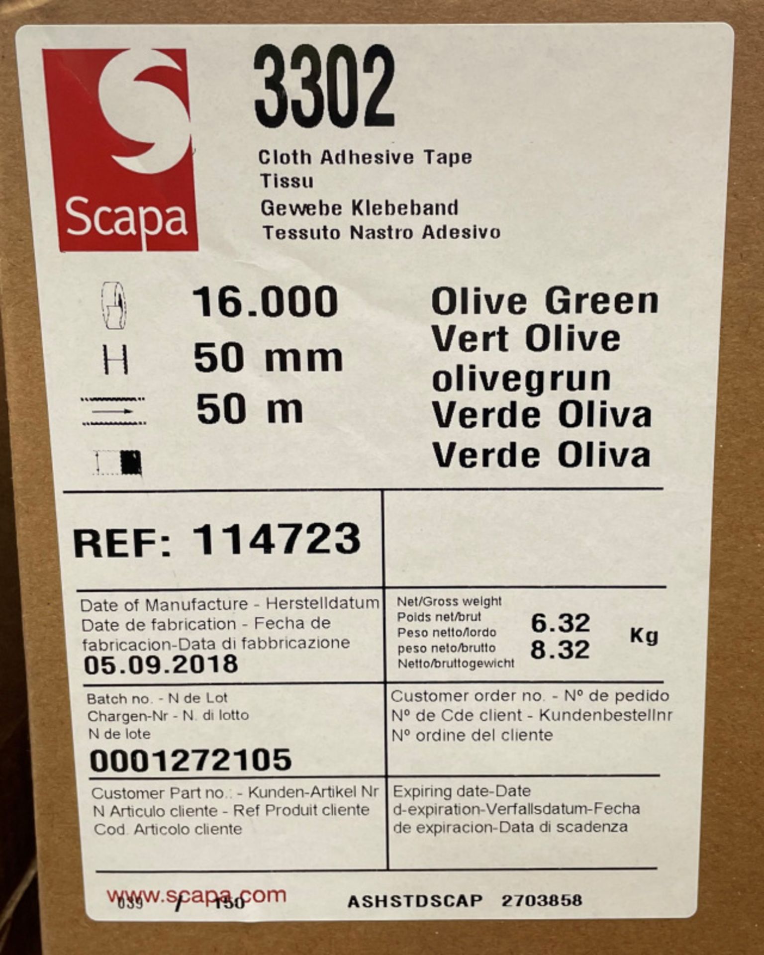 Scapa 3302 Tape - Olive Green - 50mm x 50M rolls - 16 rolls per box - 33 boxes - Image 4 of 7