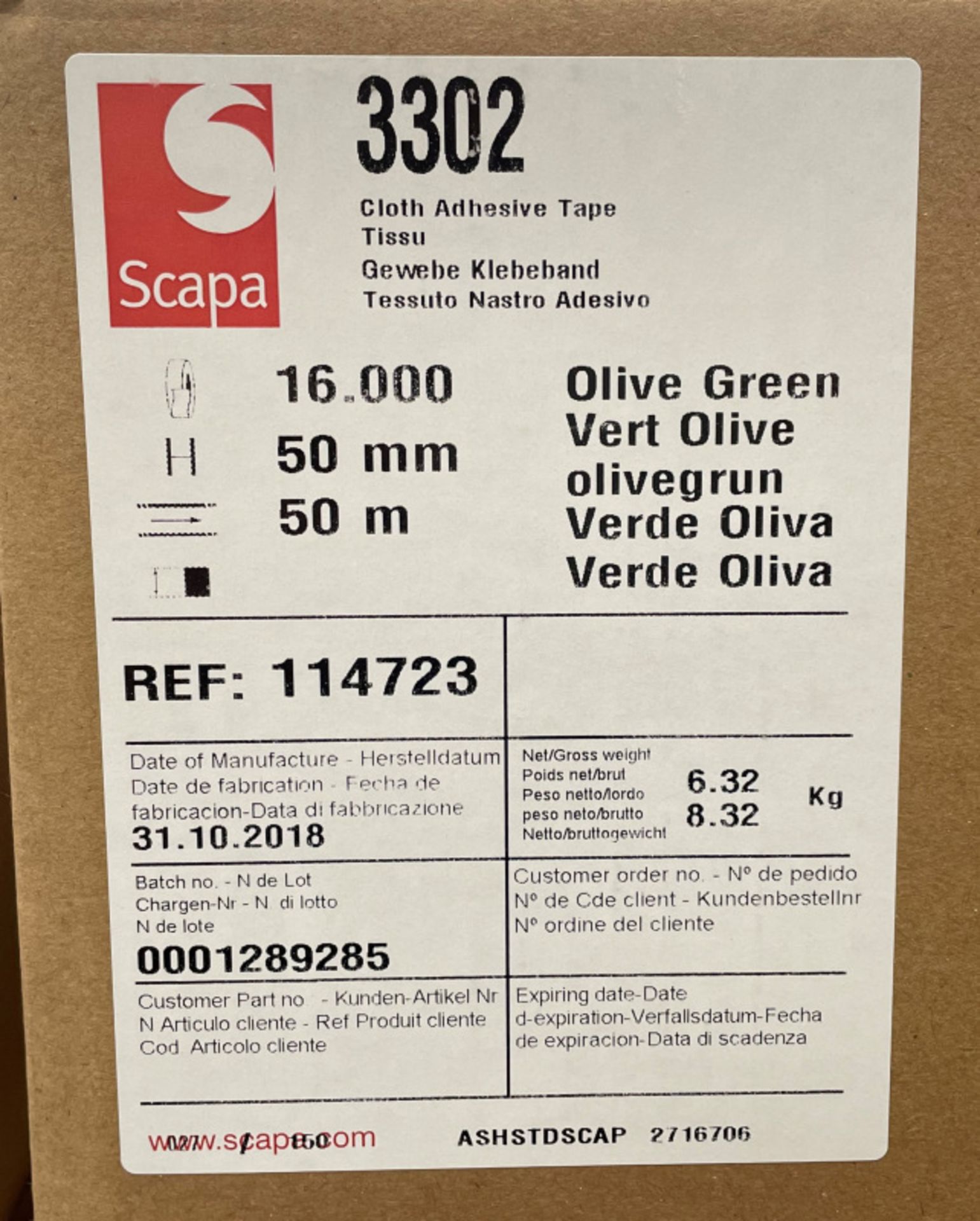 Scapa 3302 Tape - Olive Green - 50mm x 50M rolls - 16 rolls per box - 33 boxes - Image 6 of 7