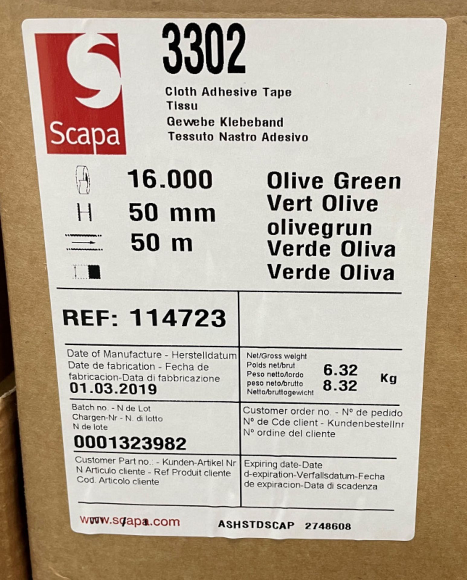 Scapa 3302 Tape - Olive Green - 50mm x 50M rolls - 16 rolls per box - 33 boxes - Image 6 of 7