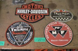 4x Cast signs - 2x Triumph, Massey Ferguson, Harley Davidson