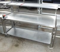 Stainless steel worktop, full length shelf below and above 180 x 70 x 130cm