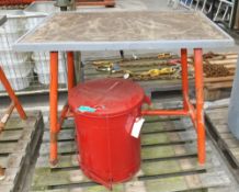 Folding pipe fitters work bench wooden top, Flame proof workshop dust bin