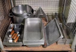 Various kitchen pans, racks, trays & crockery