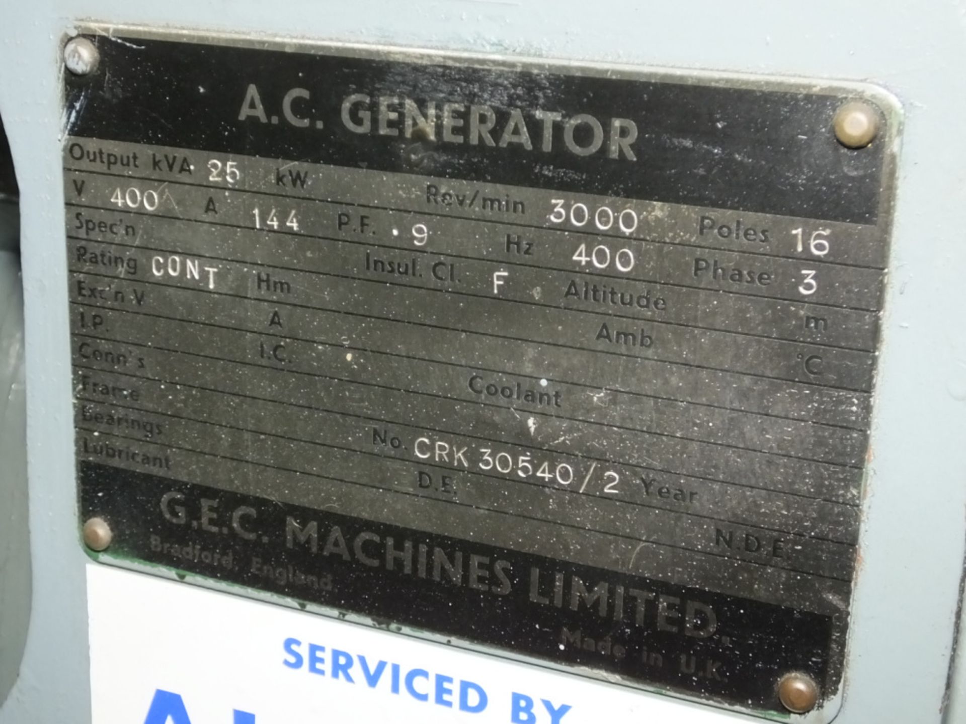 GEC Mechanical AC generator - 3 phase - 25 KVA - 400V - 400Hz - Image 7 of 7