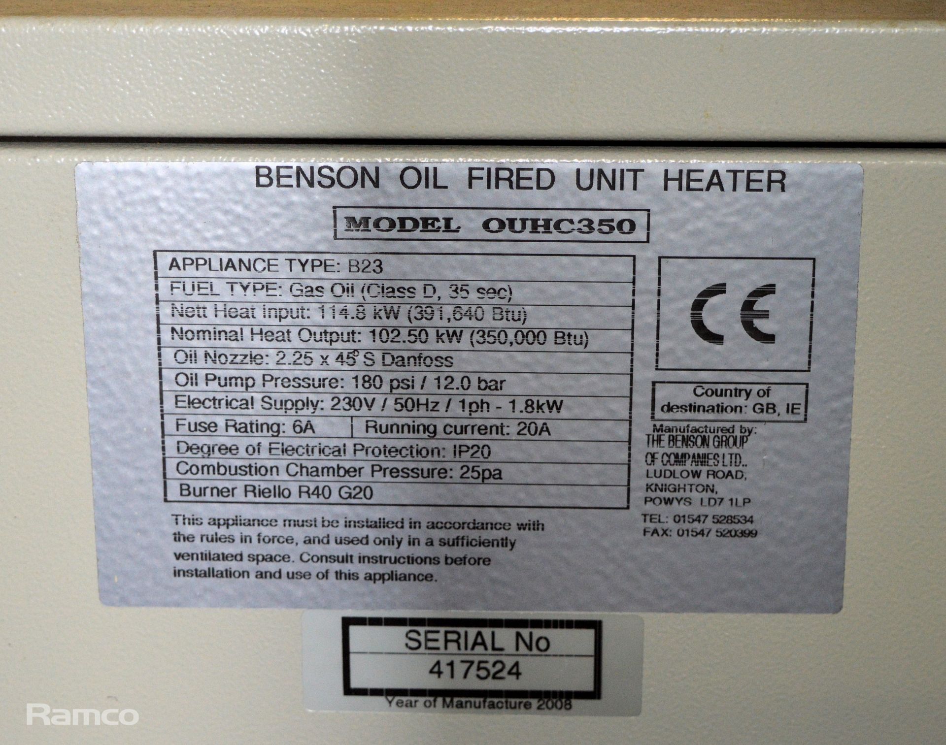 Benson oil fired unit heater - model OUHC350 - type B23 - Image 5 of 5
