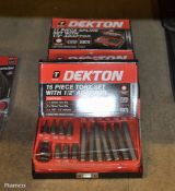 2x Dekton 15 piece Torx Sets with 1/2 inch adapter & 1x Dekton 11 Piece Spline Set