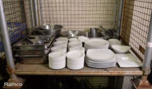 Various kitchen pans, racks, trays & crockery