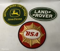 3x Cast signs - Land Rover, John Deere, BSA