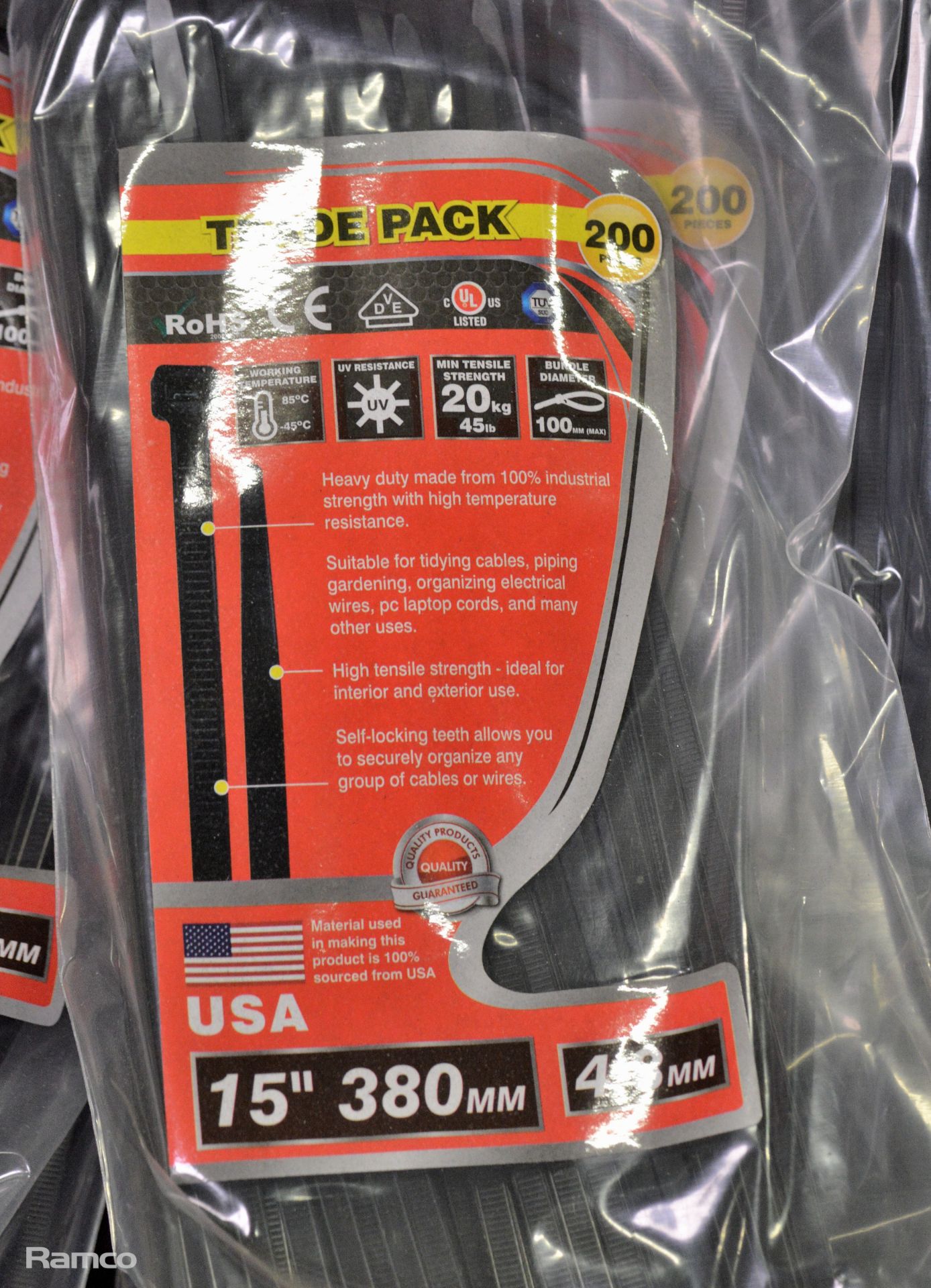 Cable ties - black - 15 inch / 380mm - 200 per pack - 6 packs - Image 2 of 2