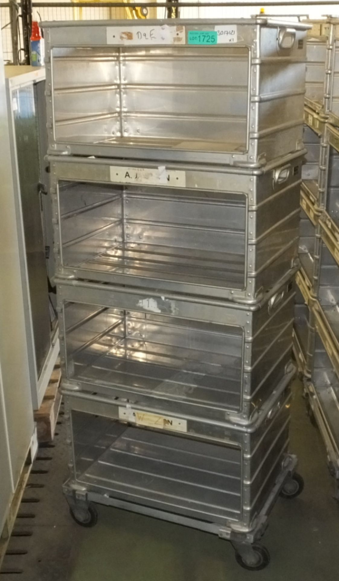 4 tier aluminium stackable storage boxes on castors - L 70 x D 50 x H 180cm