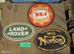 3x Cast signs - Land Rover, Norton, BSA