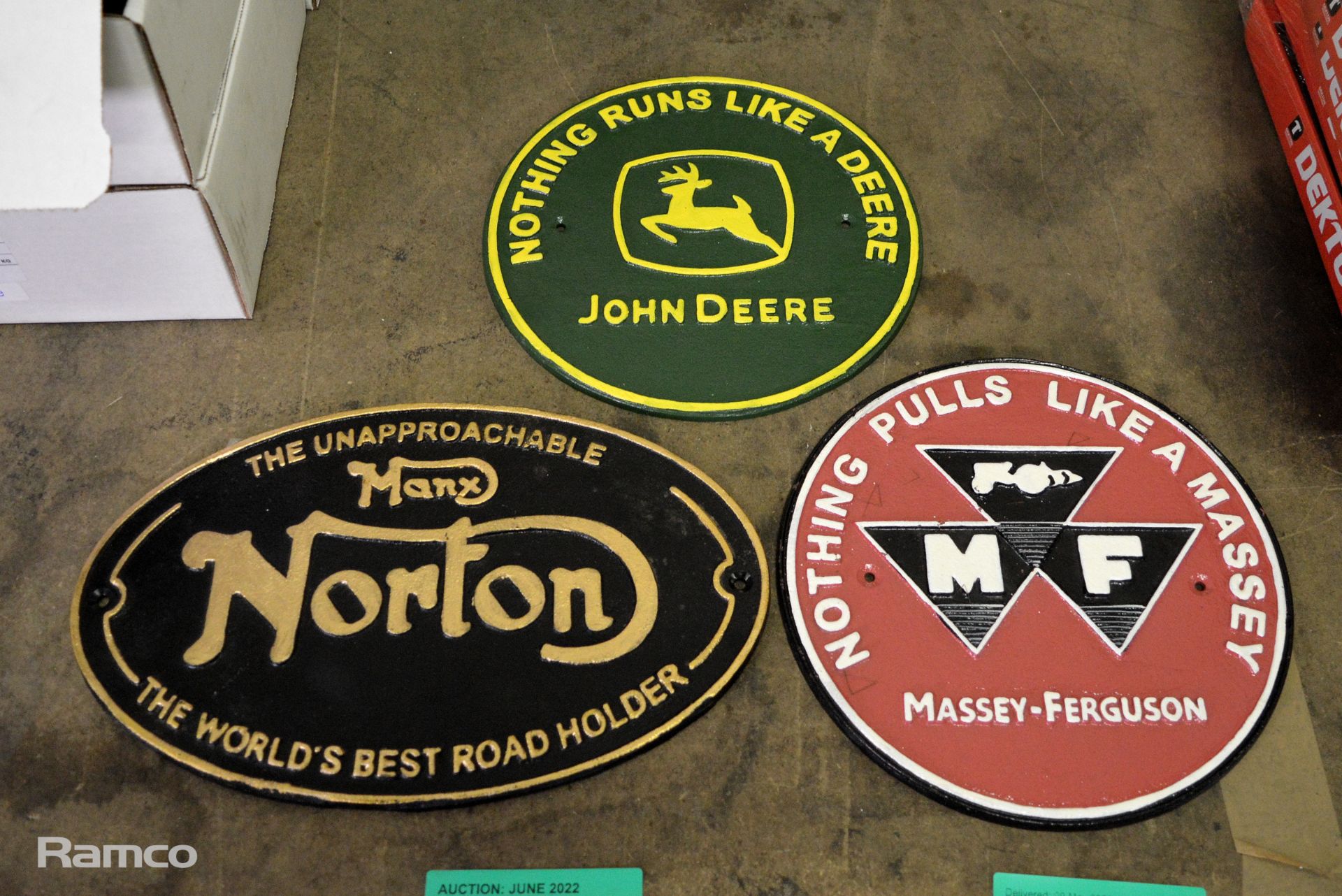 3 Cast signs - Norton, Massey-Ferguson, John Deere