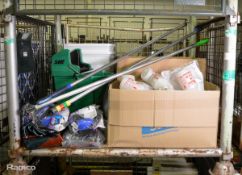 Various cleaning equipment, mop bucket, gloves, bins