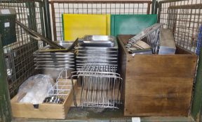 Various catering equipment gastrom trays, promotional baskets, chopping boards, racks