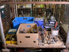Various hand tools, hammer, screwdriver, paint trays, air tools