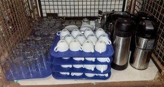 Various Tableware, cups, saucers, hot drinks dispensers, glasses