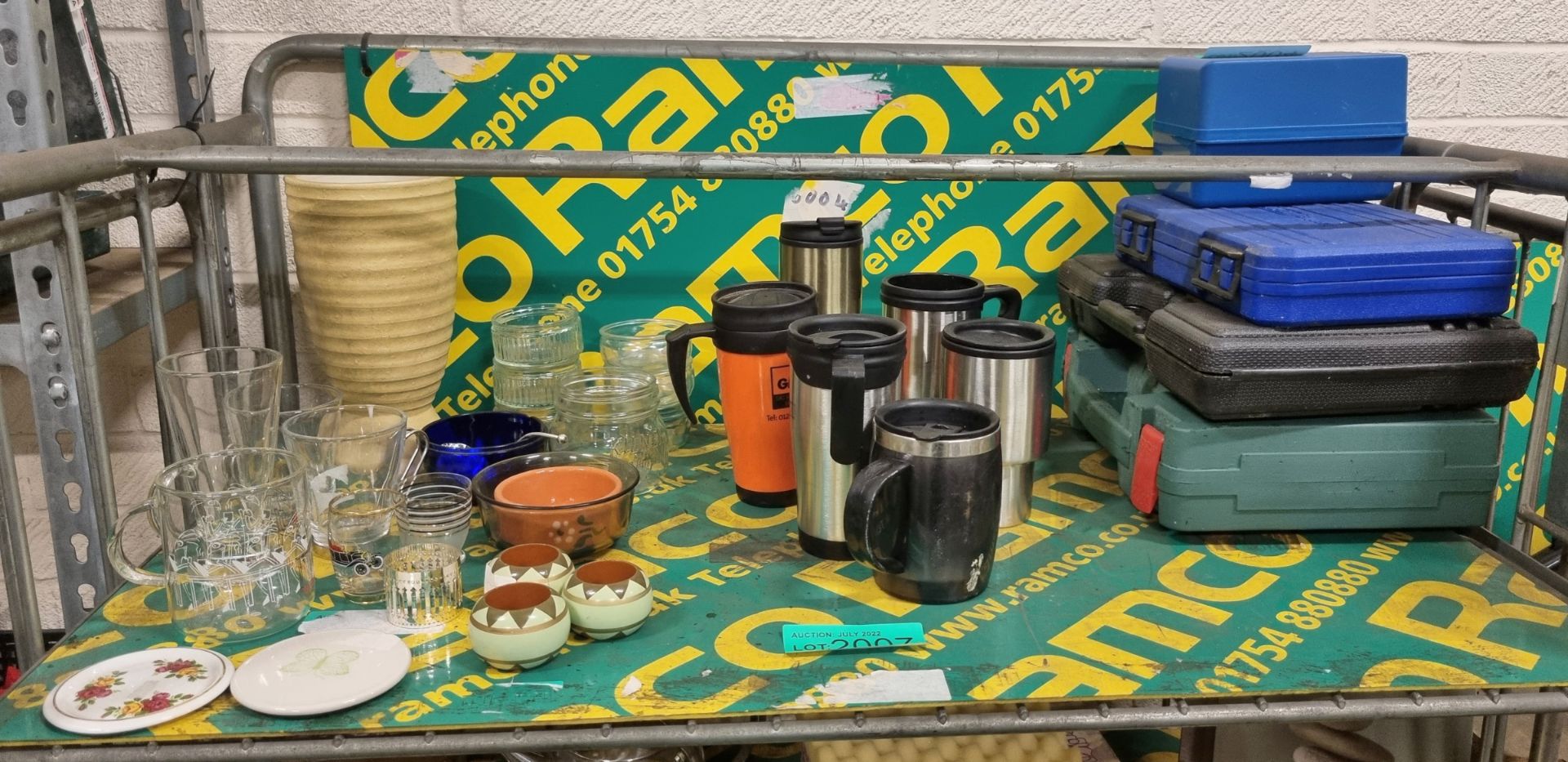 Glasses, ornaments, used drinking cups, empty tool boxes