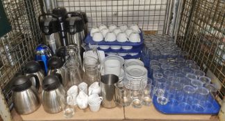 Various Tableware, cups, saucers, glasses, jugs, hot drinks dispensers