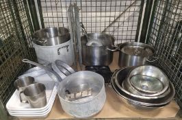 Various Catering equipment, pots, pans, trays, colanders, cheese grater