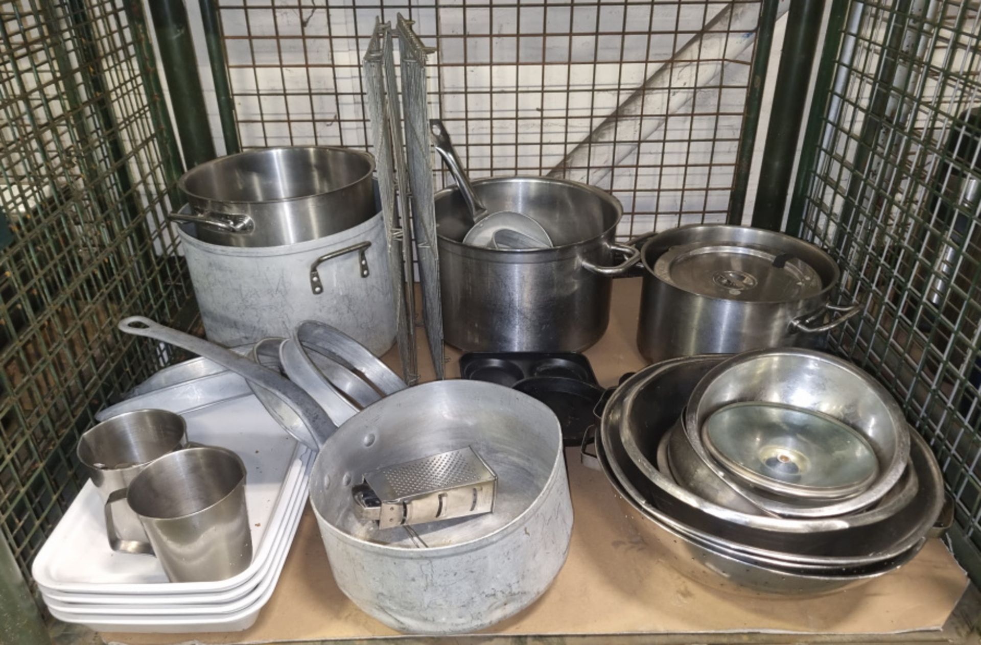 Various Catering equipment, pots, pans, trays, colanders, cheese grater