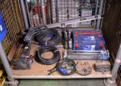 Various tools - spirit level, hoses, vice, tile cutter