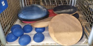 Various gym equipment, balance board, hedgehog balance, Bosu Ball