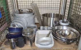 Various Catering equipment, pots, pans, trays, colanders, cheese grater